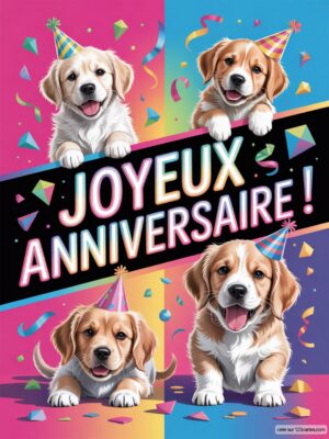 Carte virtuelle anniversaire avec chiots joyeux, couleurs vives et confettis animés.