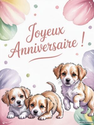 Carte virtuelle anniversaire avec chiots mignons sur fond pastel, décorée de douceurs colorées.