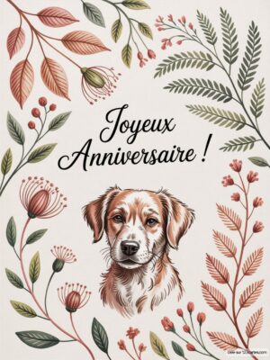 Carte virtuelle anniversaire avec un chien mignon entouré de fleurs colorées, ambiance chaleureuse et festive.