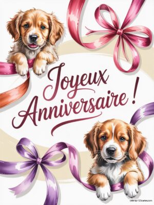 Carte virtuelle anniversaire avec deux chiots mignons, rubans colorés et message festif.