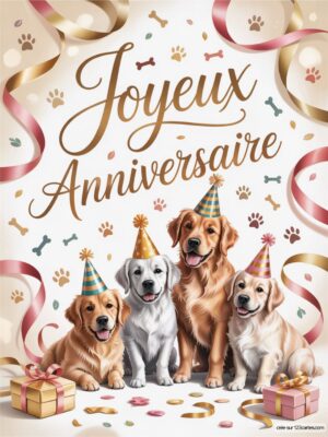 Carte virtuelle anniversaire avec des chiens festifs, couleurs éclatantes et éléments de fête animés.
