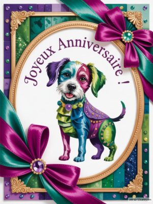 Carte virtuelle anniversaire colorée avec un chien joyeux, décorée de rubans verts et violets.