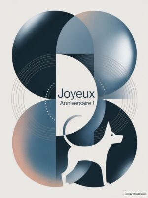 Carte virtuelle anniversaire avec formes géométriques en bleu et beige, illustrant un chien en silhouette.