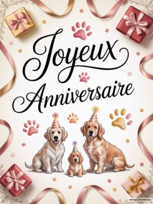 Carte virtuelle anniversaire animaux avec trois chiens souriants, décorée de paquets et de motifs colorés.