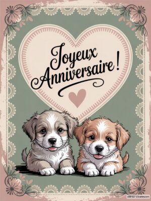 Carte virtuelle anniversaire avec deux chiots adorables, fond pastel et cœur décoratif.
