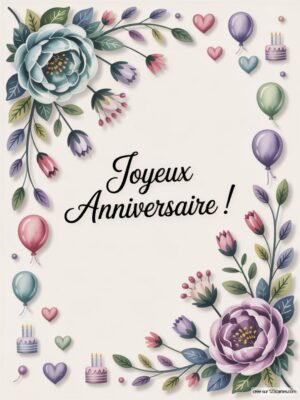 Carte virtuelle anniversaire avec fleurs pastel et ballons colorés, ambiance festive et joyeuse