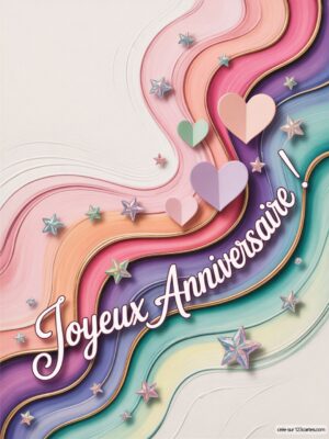 Carte virtuelle anniversaire avec des vagues colorées, étoiles scintillantes et cœurs décoratifs.