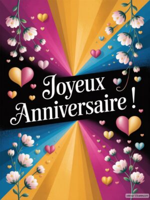 Carte virtuelle anniversaire joyeuse avec un fond vibrant en dégradé et des cœurs colorés, ambiance festive.
