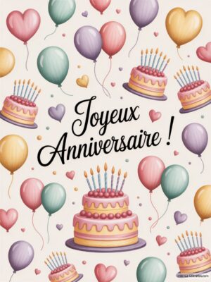 Carte virtuelle anniversaire avec un gâteau coloré, des ballons pastel et des cœurs flottants.