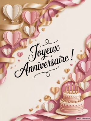 Carte virtuelle anniversaire avec gâteaux et cœurs roses, design épuré et ambiance festive