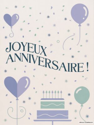Carte virtuelle anniversaire avec gâteaux animés, ballons pastel et confettis colorés.
