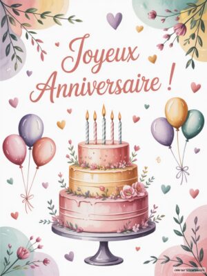 Carte virtuelle anniversaire avec un gâteau à étages rose, ballons pastel et fleurs délicates.