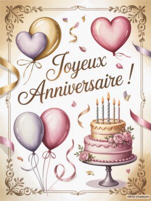 Carte virtuelle anniversaire avec un gâteau festif, des ballons roses et dorés, et des confettis animés.
