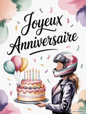 Carte virtuelle anniversaire avec gâteau coloré, personnage en moto et ballons, ambiance festive et joyeuse.