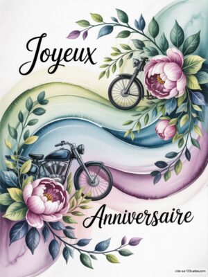 Carte virtuelle anniversaire avec motifs floraux roses et moto, ambiance colorée et festive