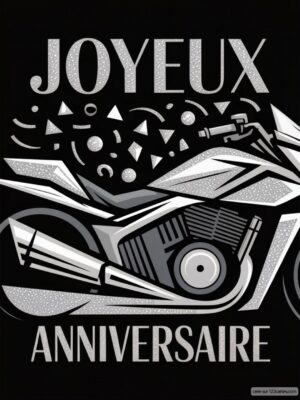 Carte virtuelle anniversaire motard avec moto stylisée en noir et blanc, ambiance dynamique.