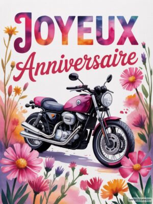 Carte virtuelle anniversaire moto avec fleurs colorées, design vibrant et ambiance festive