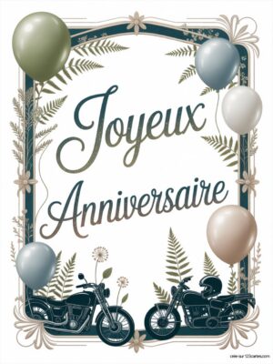 Carte virtuelle anniversaire masculine avec motos stylisées, ballons pastel et feuillage délicat.