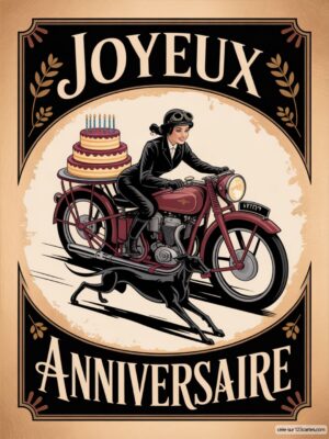 Carte virtuelle anniversaire rétro avec femme sur moto rouge, gâteau coloré et ambiance vintage.