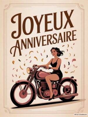 Carte anniversaire virtuelle vintage, femme sur moto avec confettis colorés et ambiance festive