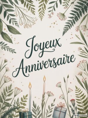 Carte virtuelle anniversaire avec feuillages délicats, bougies animées et ambiance chaleureuse
