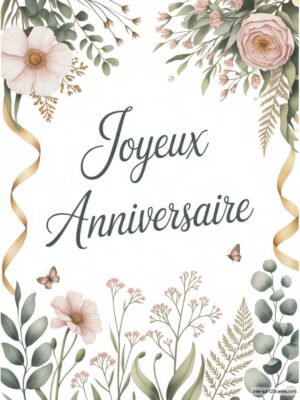 Carte virtuelle anniversaire fleurie, avec des roses pastel et des feuilles vertes, ambiance douce et festive.