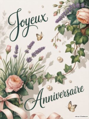 Carte virtuelle anniversaire avec roses délicates et motifs floraux, ambiance douce et élégante