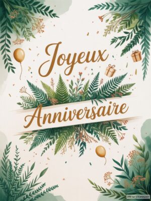 Carte virtuelle anniversaire élégante avec feuillage vert et ballons dorés, animation festive.
