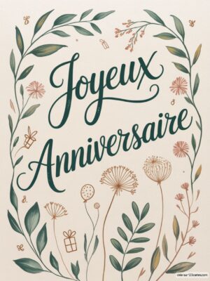 Carte virtuelle anniversaire avec fleurs délicates et texte ’Joyeux Anniversaire’, ambiance douce et nature.