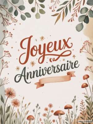 Carte virtuelle anniversaire avec fleurs orangées et vertes, fond doux et écriture artistique.