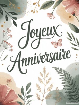 Carte virtuelle anniversaire avec fleurs délicates, couleurs pastel et ambiance joyeuse.