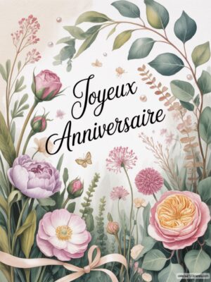 Carte virtuelle anniversaire avec fleurs pastel et texte ’Joyeux Anniversaire’, ambiance douce et délicate.