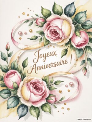 Carte virtuelle anniversaire avec roses pastel, détails dorés et belle calligraphie