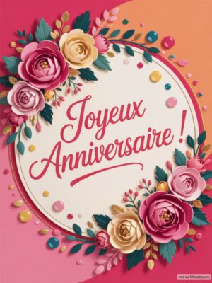 Carte virtuelle anniversaire avec fleurs colorées et message «Joyeux Anniversaire!«, ambiance douce et festive.
