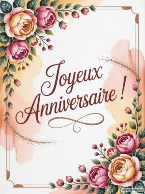 Carte virtuelle anniversaire avec fleurs roses et dorées, fond délicat et ambiance festive.