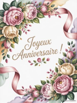 Carte virtuelle anniversaire avec fleurs pastel et ruban élégant, ambiance festive et joyeuse.
