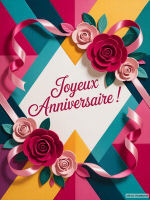 Carte virtuelle anniversaire avec des fleurs en papier colorées, fond géométrique pastel et rubans animés.
