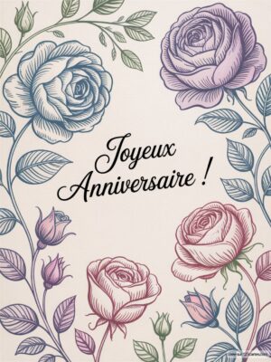 Carte virtuelle anniversaire avec roses colorées sur fond clair, ambiance délicate et joyful.