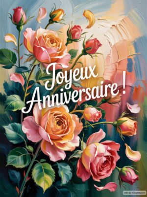 Carte virtuelle anniversaire avec roses colorées et message ’Joyeux Anniversaire’ sur fond pastel