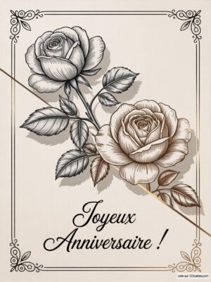 Carte virtuelle anniversaire avec roses délicates en noir et or sur fond crème, ambiance élégante.