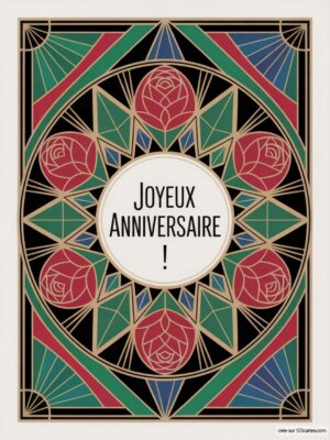 Carte virtuelle anniversaire avec motifs géométriques, roses rouges et fond noir élégant.