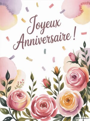 Carte virtuelle anniversaire avec fleurs pastel, confettis animés et message joyeux