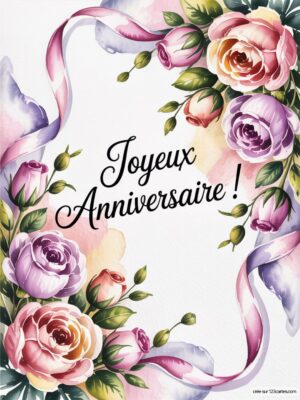 Carte virtuelle anniversaire avec roses délicates et rubans colorés, ambiance douce et florale.