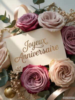 Carte virtuelle anniversaire avec roses roses et violettes, design élégant sur fond pastel