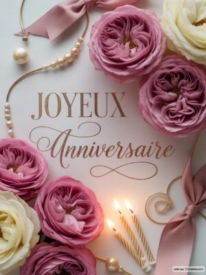 Carte virtuelle anniversaire élégante avec fleurs roses, bougies et texte doré sur fond clair.
