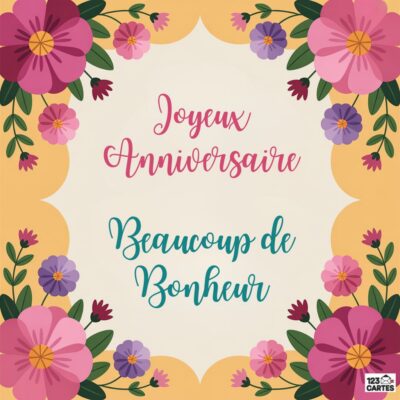 Design d'anniversaire coloré avec bordure de fleurs violettes et roses sur fond jaune, texte Joyeux Anniversaire Beaucoup de Bonheur au centre