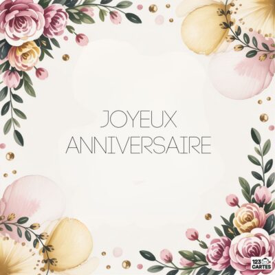 Composition d'anniversaire raffinée avec cadre de roses pastel et feuillage doré sur fond beige, texte Joyeux Anniversaire centré