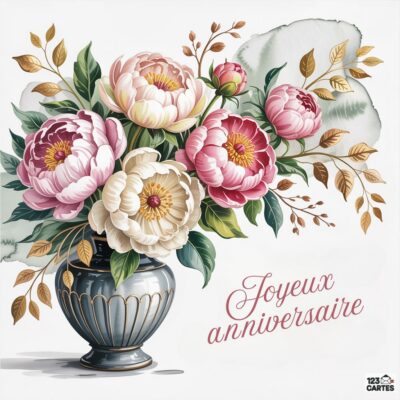 Illustration florale d'anniversaire avec vase élégant contenant pivoines roses et blanches, feuillage automnal, message Joyeux anniversaire