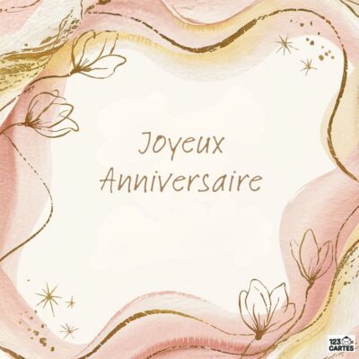 Carte d'anniversaire minimaliste avec contours dorés fluides, lotus stylisés et étoiles, texte Joyeux Anniversaire sur fond pastel
