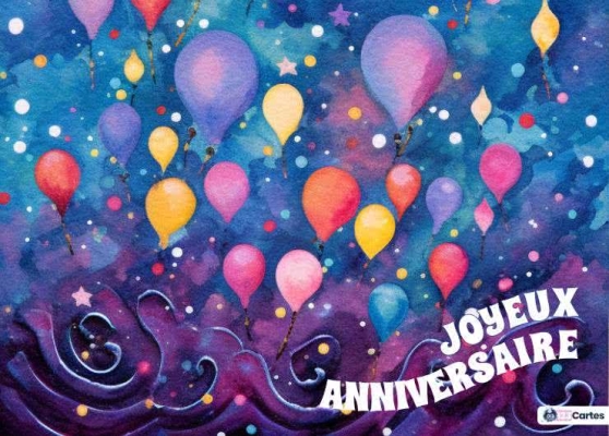 Ballons colorés flottant dans un ciel étoilé avec l'inscription Joyeux Anniversaire. Arrière-plan violet et bleu vibrant.